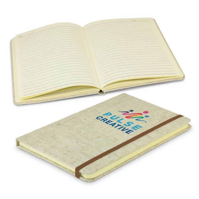 A beige notebook with an elastic band, featuring lined pages and a logo on the cover.