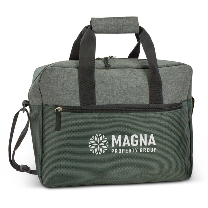 A grey and green business satchel with a shoulder strap and logo on the front.