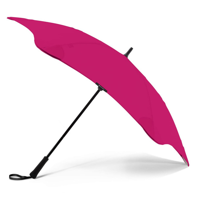 A magenta BLUNT Classic Umbrella with a black handle, featuring a sleek design and a branding logo.