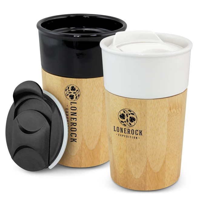 A bamboo coffee cup in natural and black colours, featuring a removable lid and logo design.