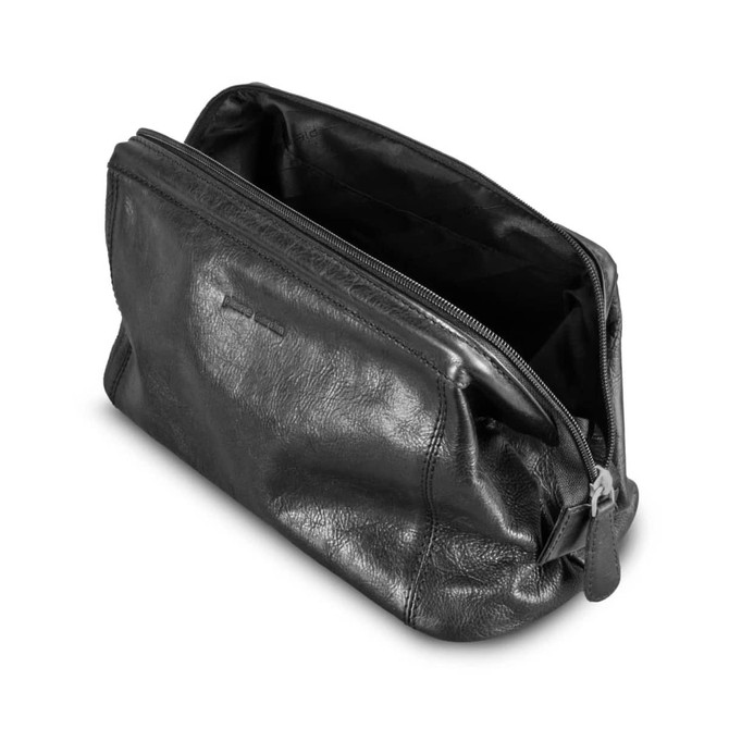 A black leather toiletry bag with a zip closure and an empty interior, featuring a subtle branding logo.