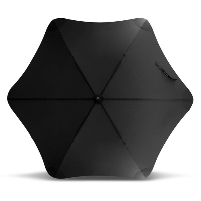 A black sports umbrella with a unique shape and a handle; features a branding logo.