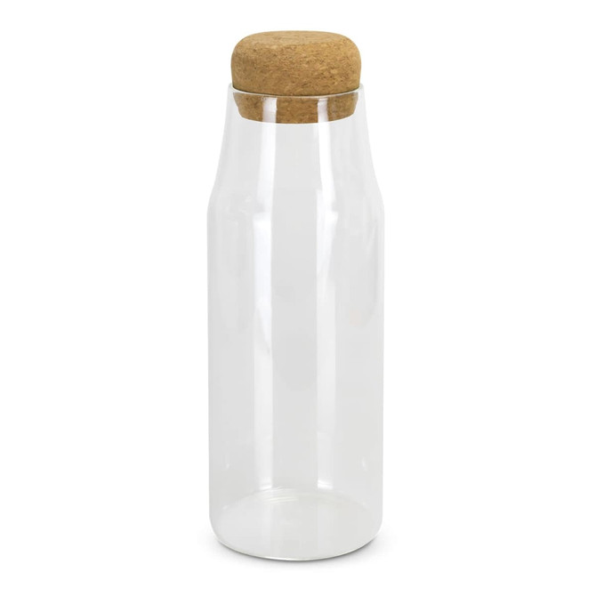 A drink bottle featuring a clear glass body and a natural cork lid, minimalistic in design.