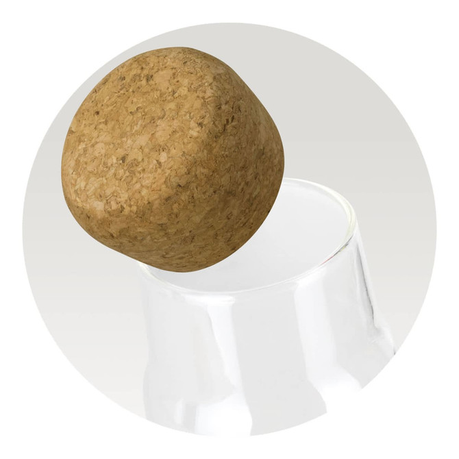 A drink bottle with a clear glass body and a cork stopper, set against a light grey background.