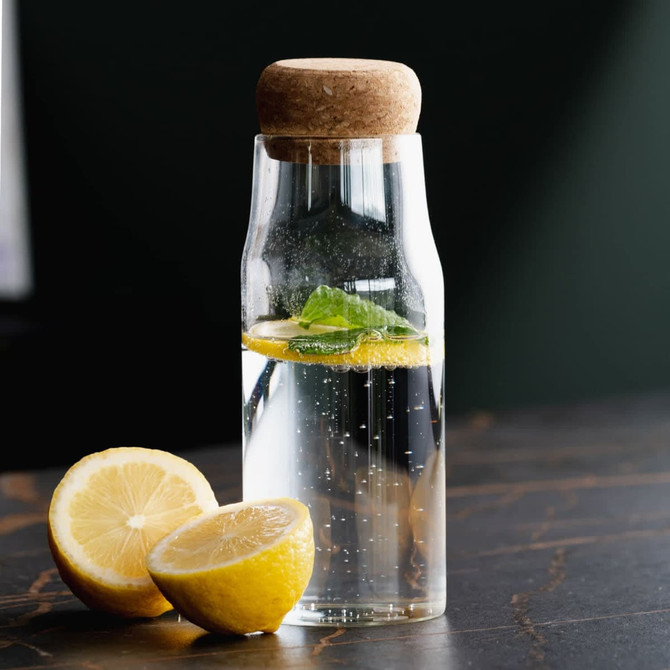 A drink bottle with a cork lid, filled with sparkling water, lemon slices, and mint leaves, placed beside halved lemons.