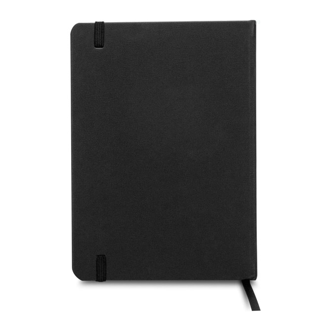 A5 weekly diary in black with a smooth cover and elastic closure. Features a logo on the front.