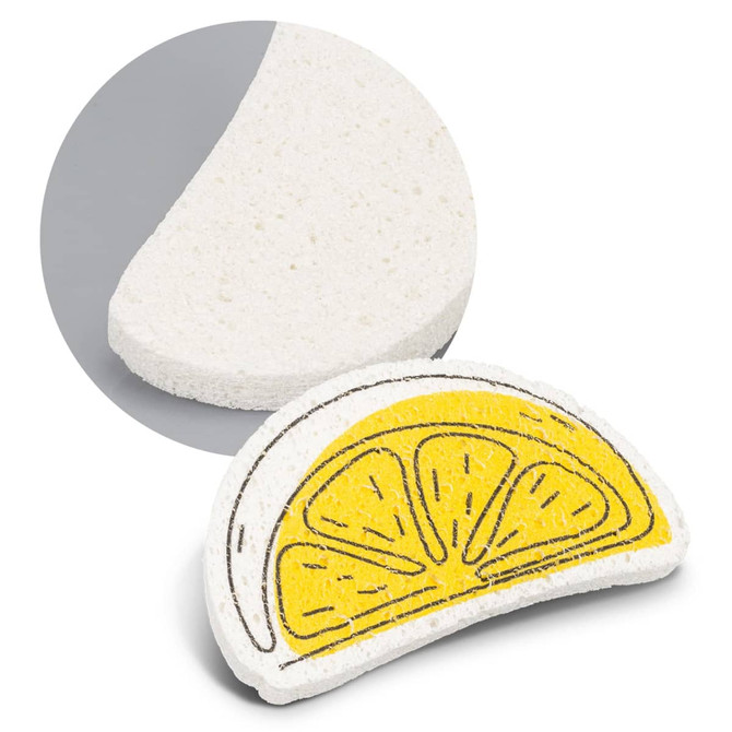 An expandable sponge shaped like a lemon slice, featuring yellow detailing and a textured white surface.