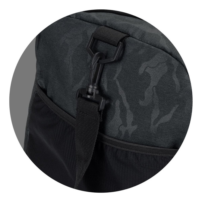 A black urban camouflage duffle bag featuring a hook clasp and mesh panel for extra storage or ventilation.