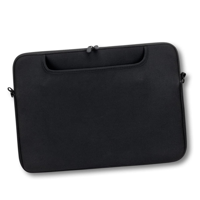 A black laptop bag with a zip closure and a handle, featuring a sleek, minimalist design.