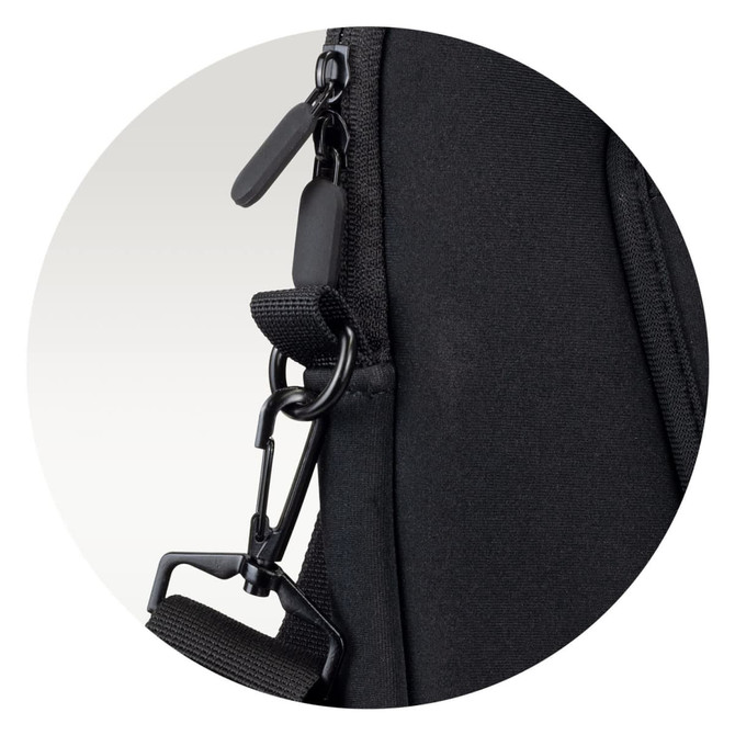 A black 2-in-1 laptop bag featuring a clip and adjustable strap attachment. The bag has a sleek, modern design.