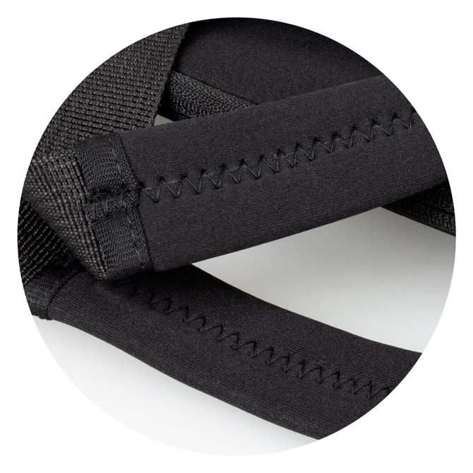 Close-up of black straps showing detailed stitching on the Spencer 2-in-1 Laptop Bag. Features a logo.