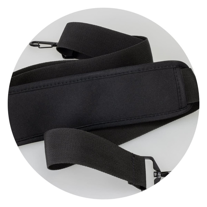A black padded shoulder strap with adjustable length and clips for attachment. It features a smooth, durable design.