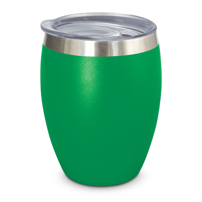 A drink bottle in vibrant green with a silver stainless steel lid, showcasing a sleek and modern design.