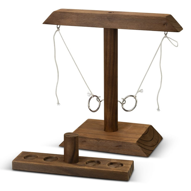 A wooden Keepsake Ring Toss Game with a vertical post and three rings, featuring a brown finish.