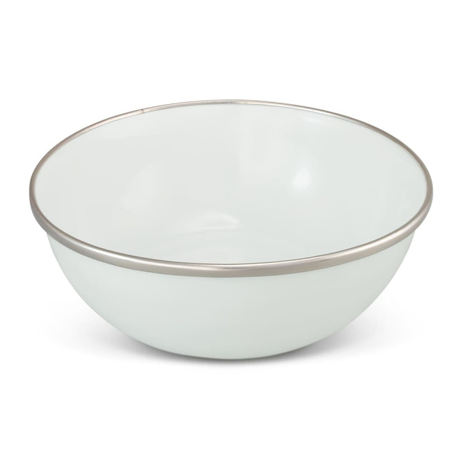 A pale green enamel bowl with a silver rim, featuring a smooth, glossy finish and a rounded shape.