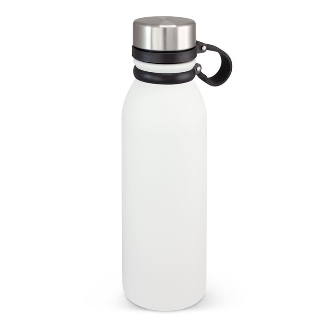 A drink bottle with a matte white body, stainless steel lid, and a black strap for easy carrying.