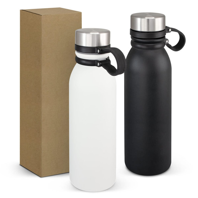 A drink bottle set featuring a white bottle and a black bottle with stainless steel lids, packaged in a brown box.