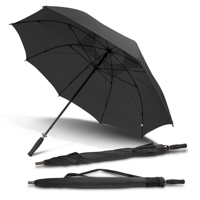 A black mini umbrella displayed both open and folded, featuring a textured handle and a logo.