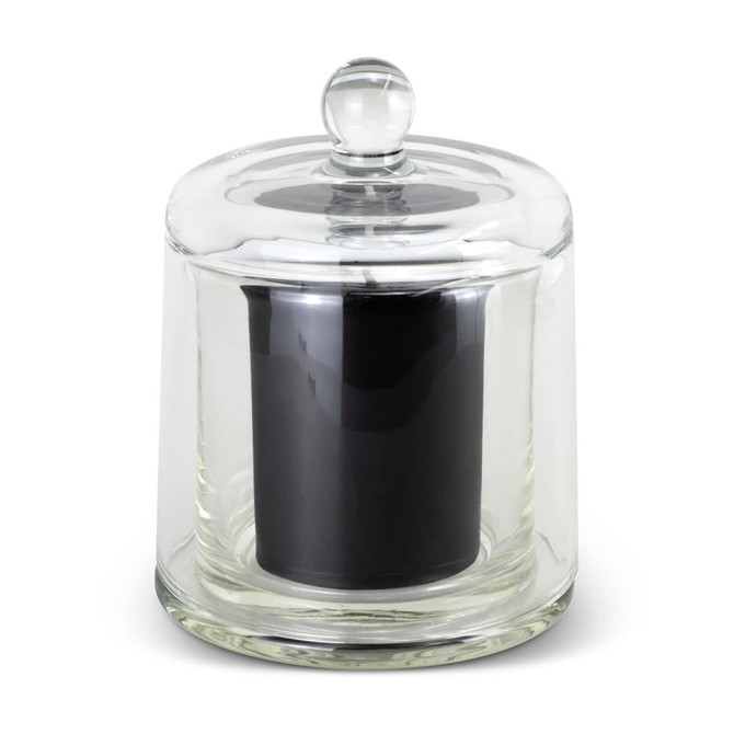 A glass cloche with a clear lid encasing a black candle, featuring a rounded top and smooth base.