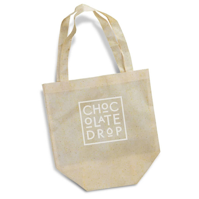 A small tote bag in a natural beige colour, featuring a logo on the front and sturdy handles.