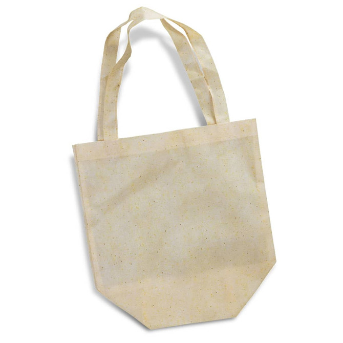 A small tote bag in a natural beige colour with speckles and dual handles; features a logo.