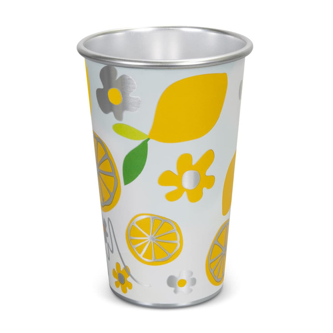 A plastic cup featuring a vibrant design with yellow lemons, flowers, and leaves on a light background.