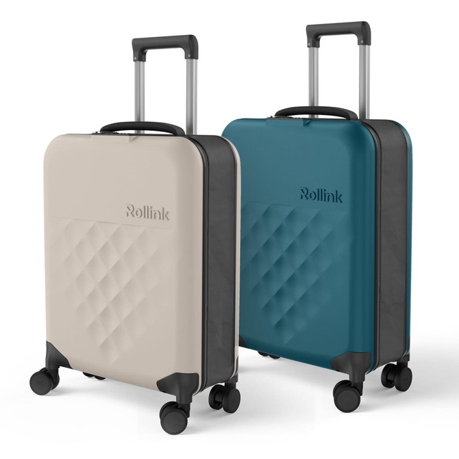 A 21" Rollink Flex 360 Spinner Suitcase available in beige and teal, featuring a smooth surface and four wheels.