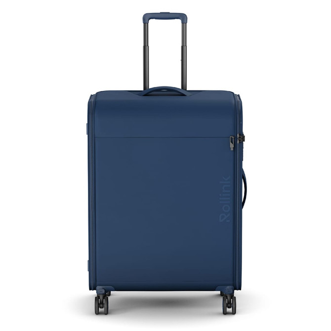 A large navy suitcase with a telescopic handle and wheels, featuring a logo on the side.