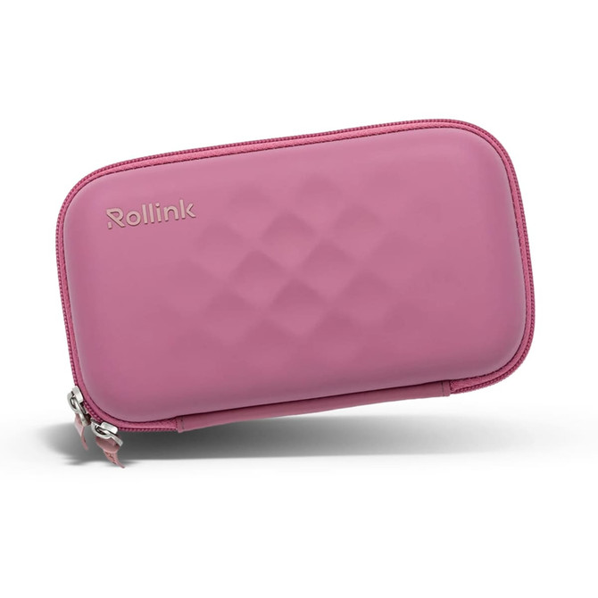 A pink zippered pouch with a textured surface and a logo, compact for storing essentials.