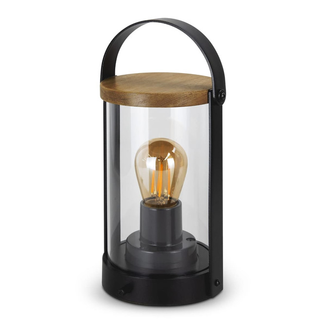 A black lantern with a glass body and wooden top, featuring a vintage-style bulb inside.