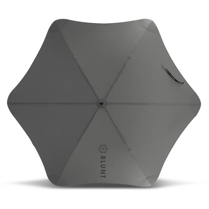 A grey BLUNT Sport Umbrella with a unique, rounded design and a handle. It features a logo.
