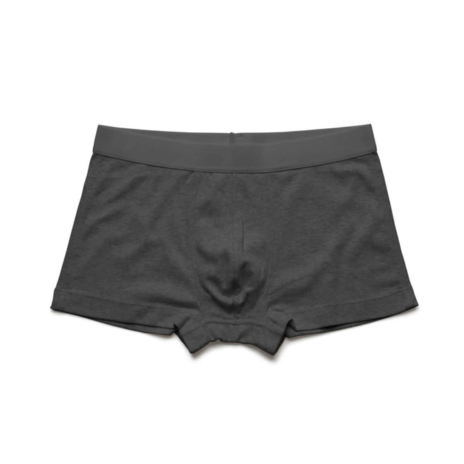 A pair of grey boxer briefs with a plain waistband and no visible branding.