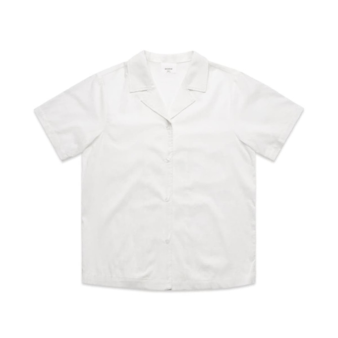 A white short-sleeve pyjama top with a collar and button front, featuring a subtle logo.