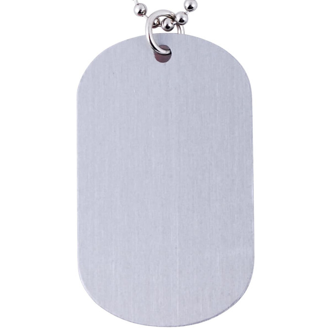 A plain silver dog tag keychain with a smooth surface and rounded edges, attached to a ball chain.
