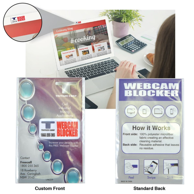 A microfiber webcam blocker in clear packaging, featuring a logo. The blocker is designed to cover camera lenses.