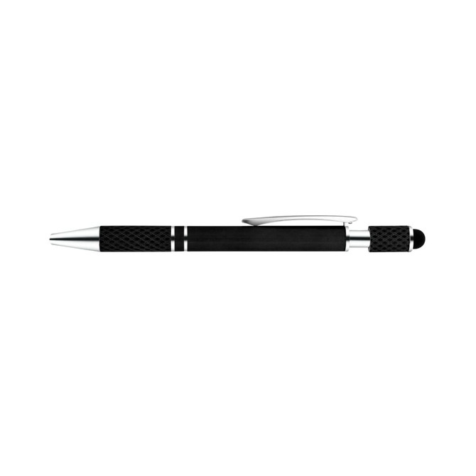 A black pen with silver accents and a textured grip, featuring a logo.