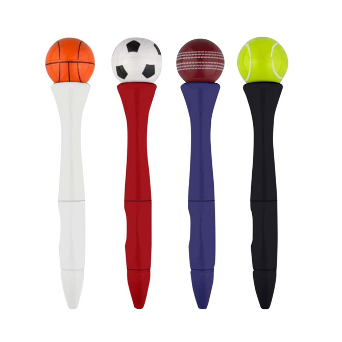 A collection of four fidget spinner pens in white, red, purple, and black, each topped with a different sports ball.