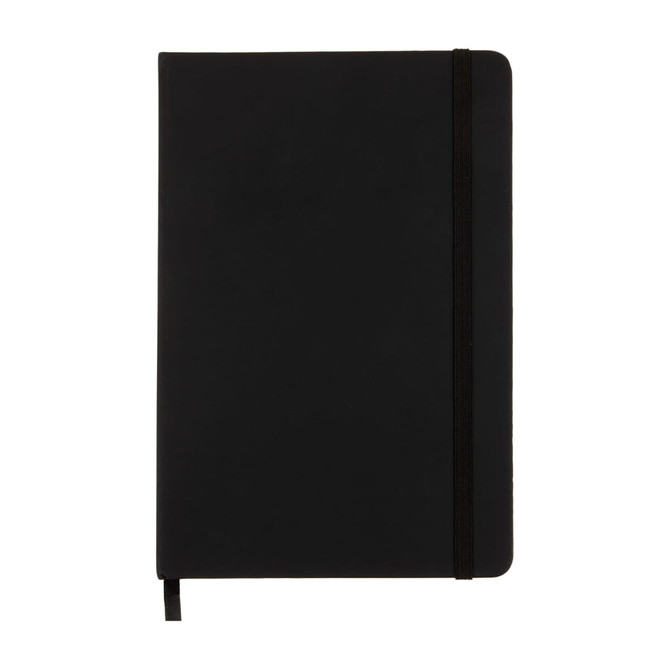 A black notebook with an elastic closure and a bookmark ribbon, featuring a smooth cover and a logo.