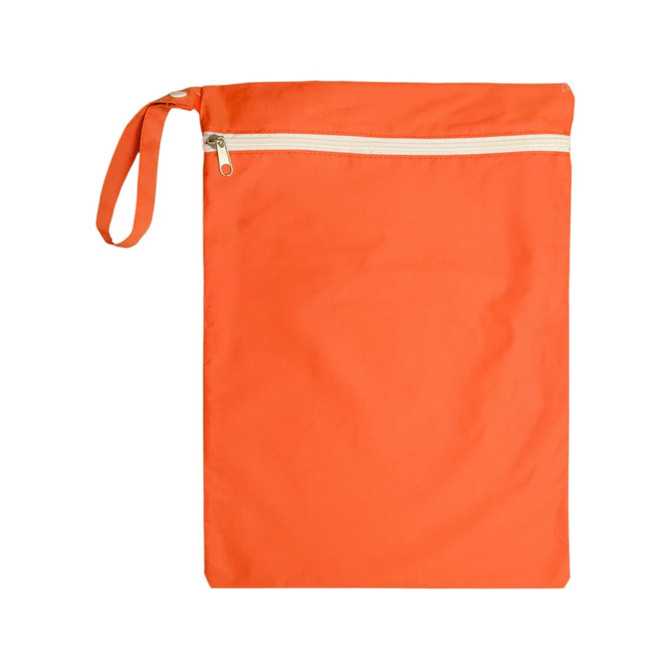 An orange zippered pouch with a strap handle, featuring a simple and smooth design.
