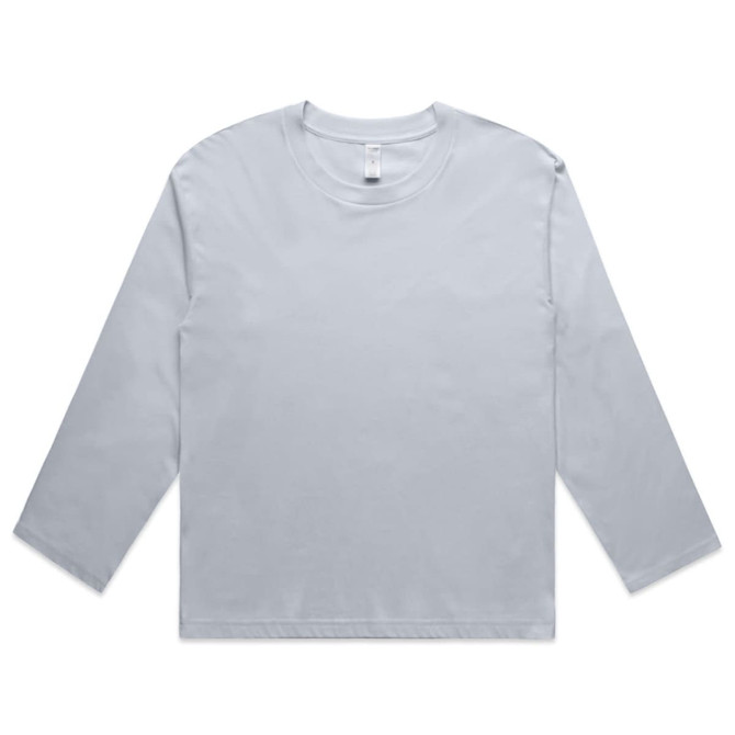 A light grey long-sleeve tee with a round neckline and a logo. Featuring a simple, minimalist design.