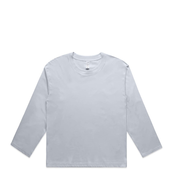 A light grey long-sleeve tee with a crew neck and a logo on the front. Suitable as a casual shirt.