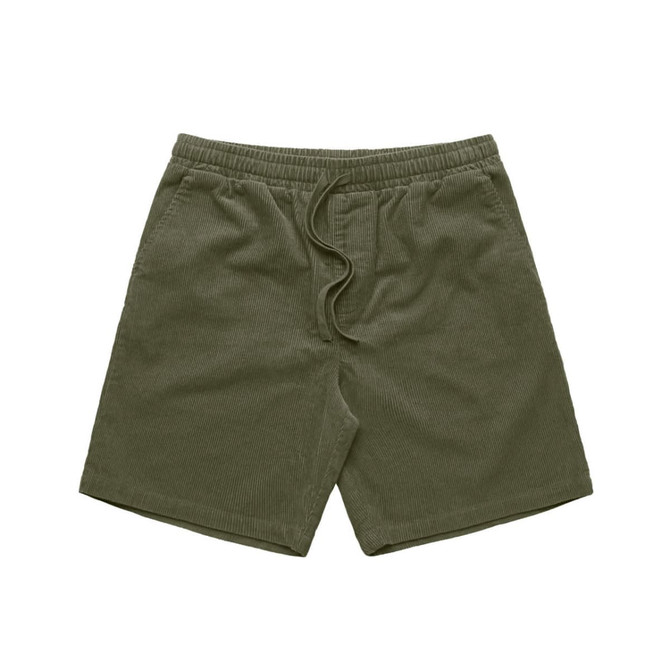 Olive green dress shorts made from cord fabric, featuring an elastic waistband with a drawstring.