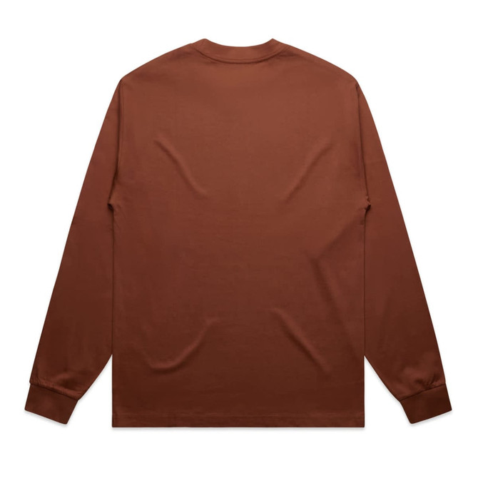 A brown long-sleeve T-shirt with a simple design and a logo on the garment.