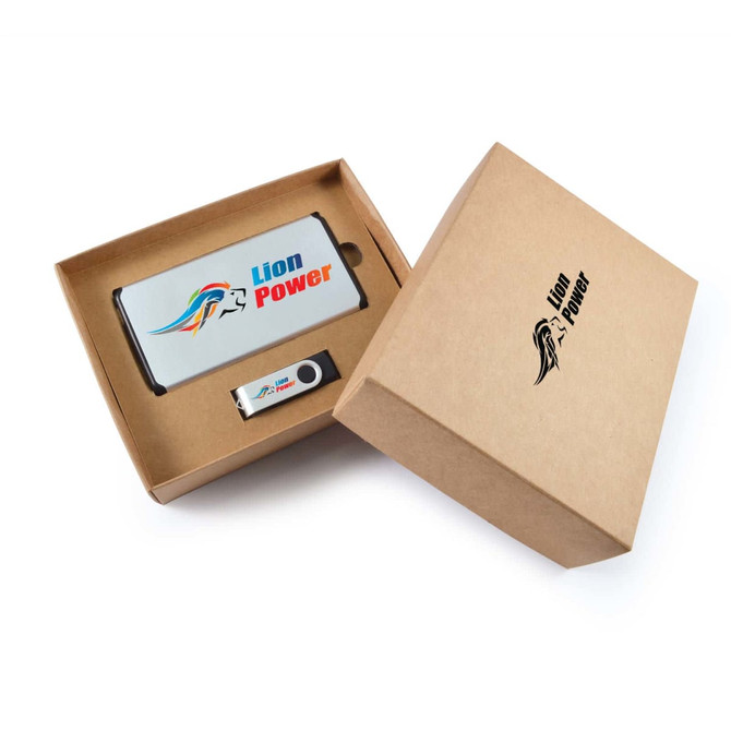 A cardboard gift set in a brown box, containing a power bank and a USB drive, featuring a logo.