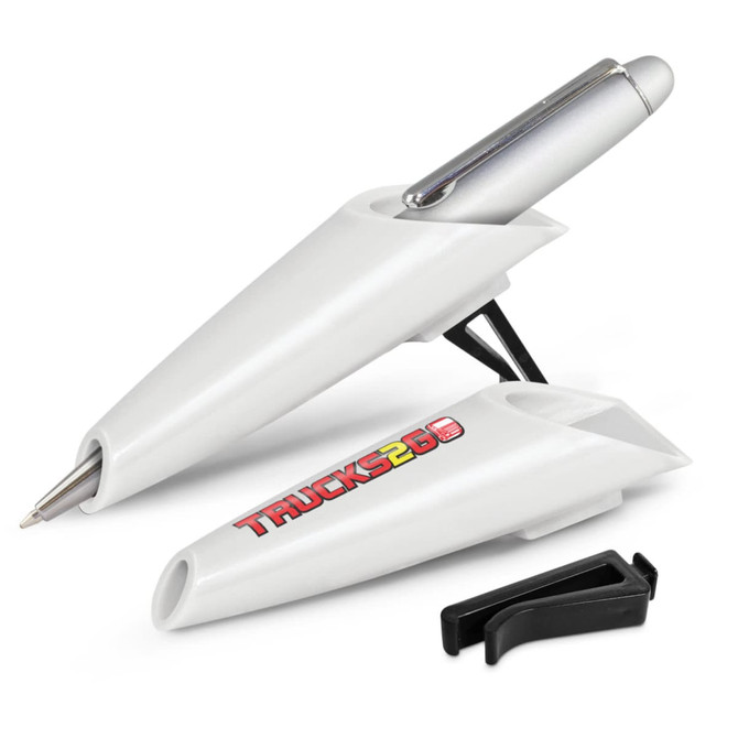 A white pen holder shaped like a car with a silver pen and a black clip. Contains a logo on the side.