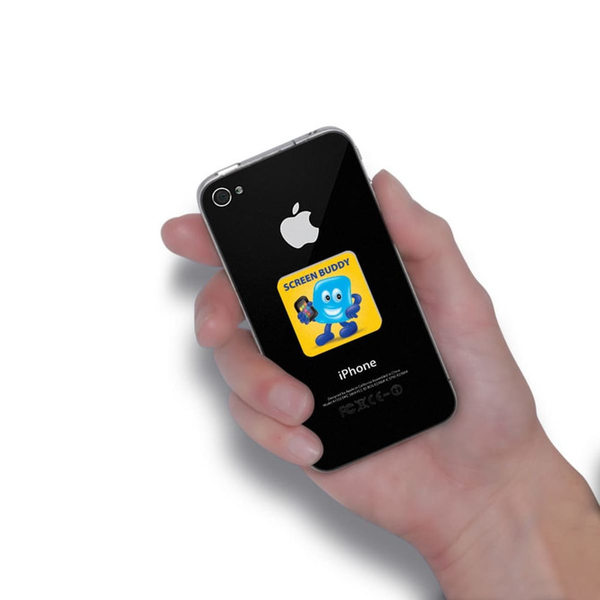 A phone displaying a Screen Buddy cleaning cloth design on its back.