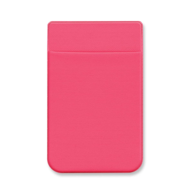 A pink Lycra phone wallet featuring a slim design and a pocket for cards. It has a branding logo.