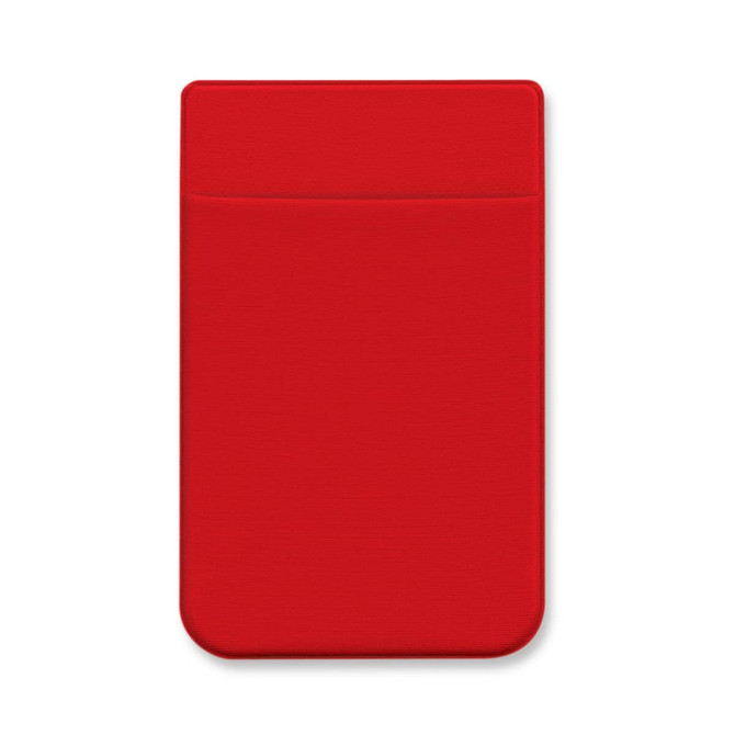 A red Lycra phone wallet featuring a pocket for cards or cash.