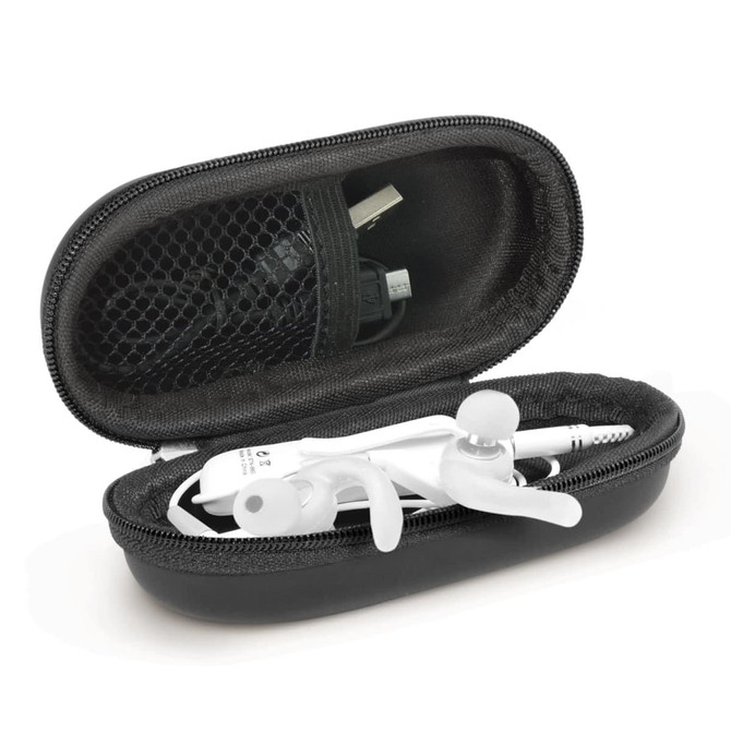 A black carrying case containing white earbuds and a charging cable. It features a mesh pocket for accessories.