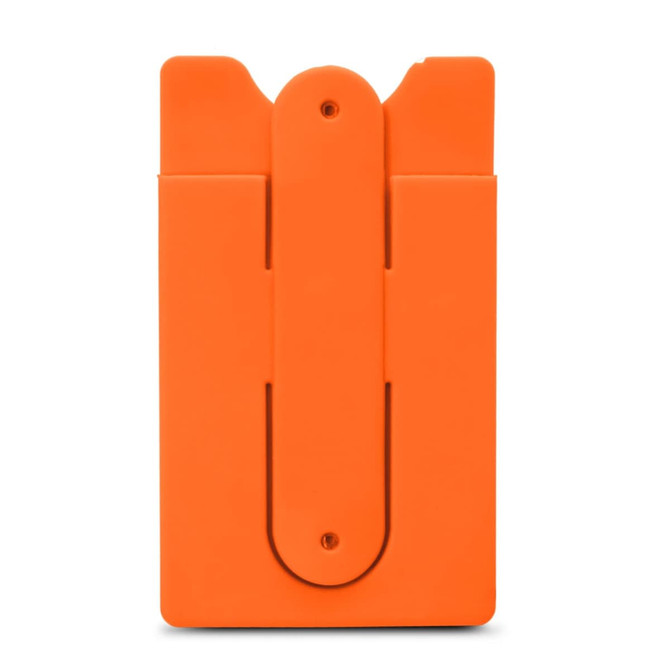 An orange phone wallet with a simple design and a logo on the front. The wallet includes a clip for attachment.